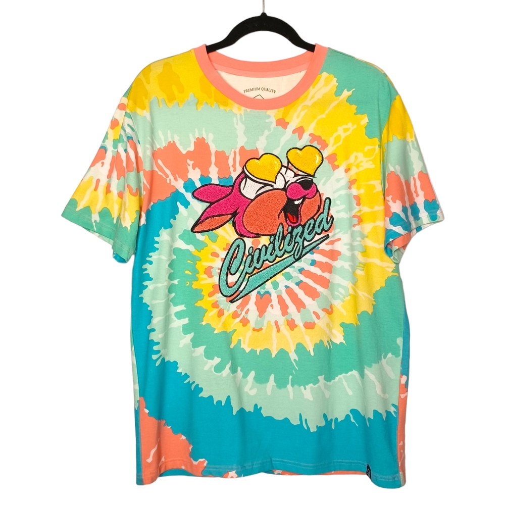 CIVILIZED Colorful Tie Dye Fuzzy Heart Bunny Print Short Sleeve T Shirt Large